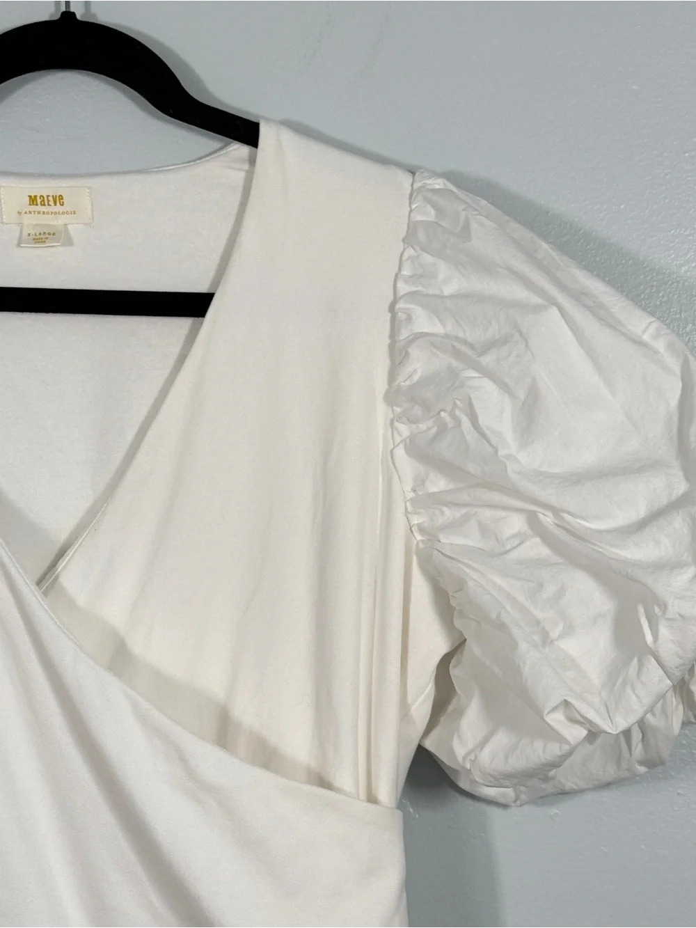 Maeve Anthropologie Puff Sleeve Faux Wrap Surplus Cotton Knit Top White XL